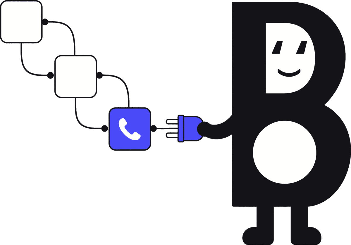 Illustration of the BlueSales mascot wiring a phone into an automation workflow
